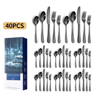 40-piece matte black stainless steel cutlery set with elegant gift box packaging