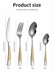 Detailed dimensions for stainless steel tableware set with gold diamond handles