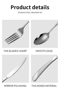 Detailed views of stainless steel cutlery set featuring mirror polishing and sharp blade