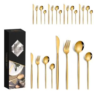 24-piece golden stainless steel cutlery set with an elegant black gift box for fine dining