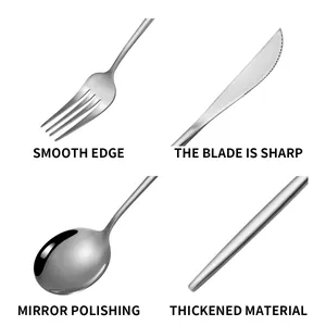 Detailed views of polished stainless steel cutlery set with sharp blade and smooth edges