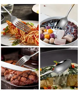 Close-up shots of high-quality stainless steel fork, spoon and knife used in diverse meals.