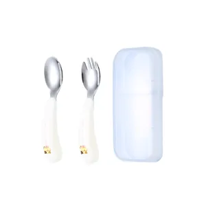 Mignon ensemble de cuillère et fourchette pour bébé en inox avec boîte portable