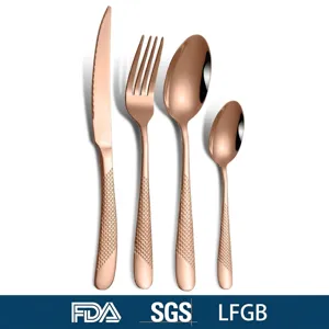 Rose gold stainless steel cutlery set with elegant hammered texture handles