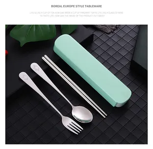Detailed macro of stainless steel portable cutlery set with a mint green storage box