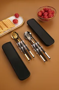Portable 304 stainless steel cutlery set with black storage box and fork spoon chopsticks