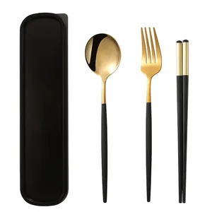 Portable black and gold 304 stainless steel cutlery set with travel storage box
