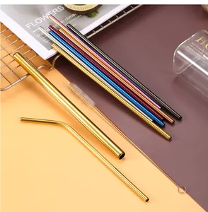 Detailed view of multi-color 304 stainless steel straws set with cleaning brush