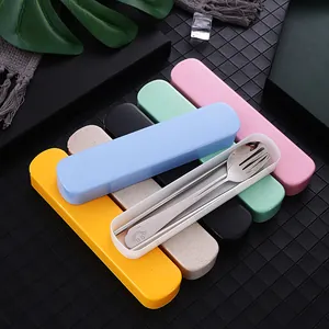 Portable stainless steel cutlery set with colorful storage boxes for students