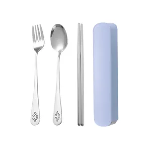 Portable stainless steel cutlery set with fork spoon chopsticks and blue storage case