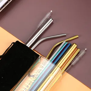 Reusable 304 stainless steel straw set with straight bent tubes brushes and velvet pouch