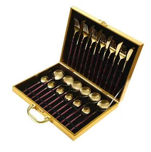 Lussuoso set di posate da 24 pezzi in acciaio inox oro e bordeaux con scatola regalo