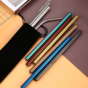 Reusable 304 stainless steel straw set with colorful metal straws and cleaning brush pouch