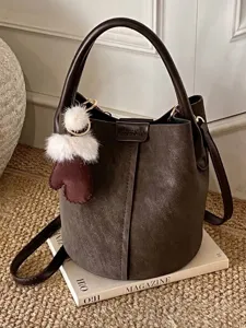 Vintage Damen Beuteltasche Hochwertiges Kunstleder Handtasche Urban Minimalist Nählinie Umhängetasche Mit Plüsch Anhänger