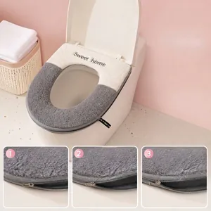 Plush color-blocked toilet seat cover with zipper and embroidery - Easy to install