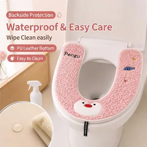 Soft pink penguin U-shaped toilet seat cover with waterproof PU leather bottom base