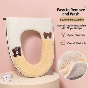 Thickened soft plush U-shaped toilet seat cover with zipper and cute bear pattern