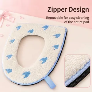 Soft plush zippered toilet seat cover with handle and cute bird pattern embroidery