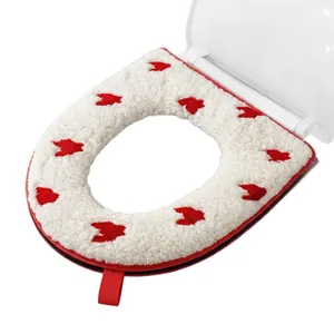 Soft thick plush toilet seat cover with red heart pattern and convenient zipper closure