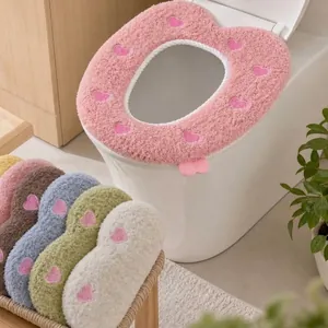 Plush Cartoon Toilet Seat Cover Thickened Warm Washable Toilet Lid Pad Cute Embroidered Heart Sun Bear Patterns For Winter