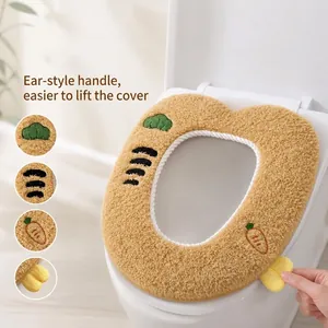 Cute plush toilet seat cover with cartoon embroidery and handle for winter home