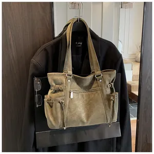 Bolso tote vintage verde de gran capacidad para mujer, elegante bolso de hombro detalle