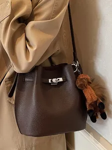 Women Vintage PU Leather Bucket Bag Retro Litchi Texture Shoulder Crossbody Bag With Silver Hardware Lock Elegant Daily Purse