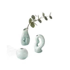 Set of three modern light green crystalline glaze ceramic vases for home decor centerpiece