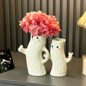 Modern Ceramic Hand-in-Hand Vase Set Anthropomorphic Smile Face Decorative Vases Minimalist Home Decor Table Desktop Ornaments