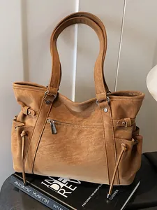 Bolso Tote de Cuero PU Vintage de Gran Capacidad para Mujer Handbag Retro Minimalista Hombro Color Sólido Gran Shopper Bag