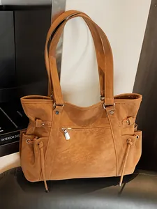 Bolso tote vintage marrón de gran capacidad para mujer con diseño de múltiples bolsillos