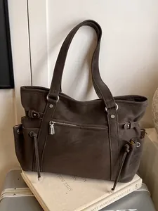 Bolso tote vintage de cuero sintético de gran capacidad para mujer con múltiples bolsillos