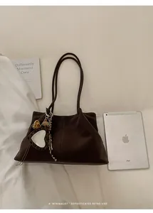 Retro dark brown large capacity suede tote bag with leopard heart mirror charm and iPad scale.