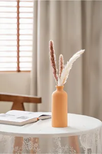 Elegant matte apricot ceramic vase with dried pampas grass on a white lace table.