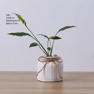 Small white ribbed ceramic vase with decorative jute bow for minimalist home flower arrangement