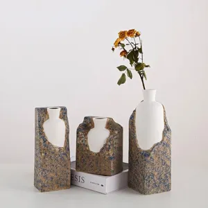 Wabi-sabi style ceramic vases set with stone texture for minimalist home decor