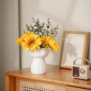 Vintage pleated ceramic flower vase with artificial sunflowers for home decor