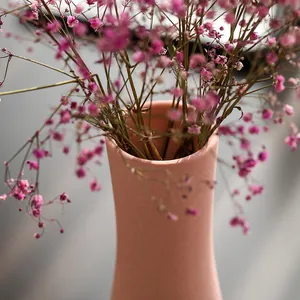 Vase minimaliste en céramique rose mat avec gypsophile rose séché pour décor de maison