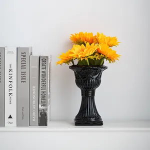 Elegant black Roman column ceramic vase decorative centerpiece with yellow sunflowers for home