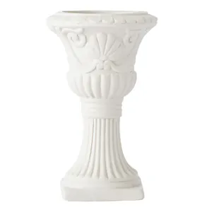 White Roman column flower vase with classical embossed reliefs on white background