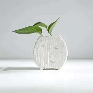 Minimalist white ceramic pot with bark texture for hydroponic plants and succulents