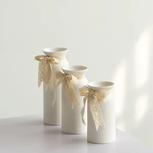 Minimalist White Ceramic Vase Nordic Style Flower Arrangement With Lace Bowknot For Home Office Table Desktop Decor Vase