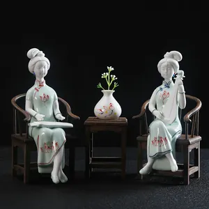 Estatuilla Clásica de Porcelana de Dehua Dama Tocando Instrumento Musical Estatua de Cerámica Pintada a Mano Para Decoración de Oficina Hogar