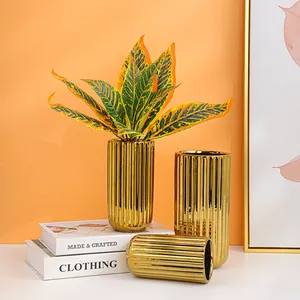 Moderne Minimalistische Gold Galvanisierte Keramikvase Gerippte Dekovase Nordischer Stil Blumenvase Haus Wohnzimmer Tisch Deko