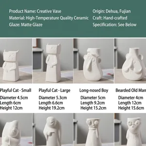 Collection of minimalist white ceramic character vases with matte finish for home decor