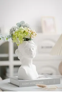 Modern white ceramic face bust vase with artificial green flowers for Nordic home decor
