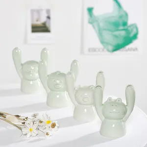 Set of 4 cute mint green ceramic animal card holders for creative desk decoration