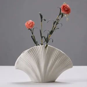 Nordic Minimalist Matte White Ceramic Leaf Vase Handmade Modern Flower Pot Aesthetic Tabletop Decoration Home Decor Centerpiece