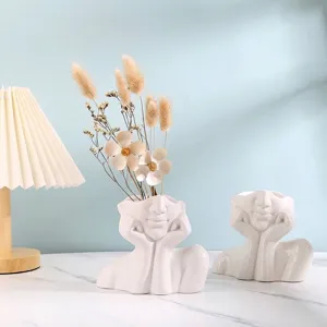 Nordic INS Style Abstract Human Face Ceramic Vase Creative White Portrait Desktop Art Vase For Modern Home Decor Living Room