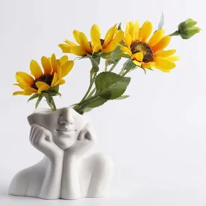 Nordic creative human head shape white ceramic vase for artistic home decor displays